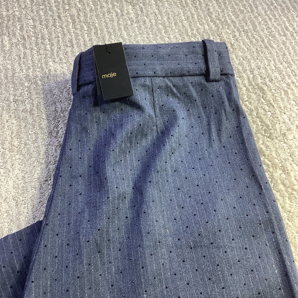Maje Pernoma Blue Pinstripe Rhinestone Wide Leg Trousers Pants Size 40 NWT